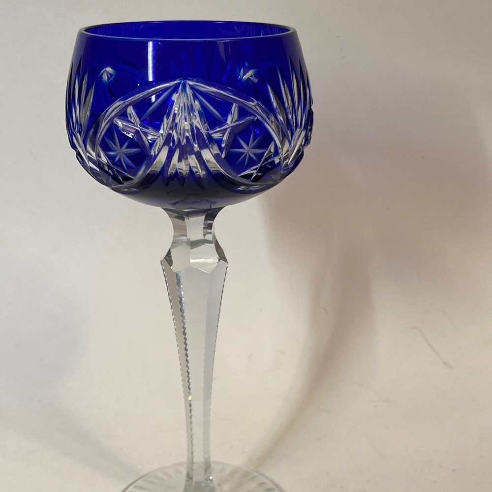 Vtg Bohemian Neubert-Echt Bleikristall Blue Crystal Cut to Clear Stemware 7.34”
